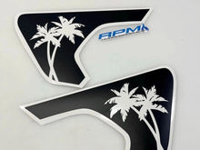 Load image into Gallery viewer, Custom palm tree decals for Jeep Wrangler and Gladiator fender vents, featuring black background with white palm tree silhouettes and RPM logo, designed for precise fit and easy installation