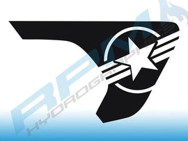 Wrangler Gladiator fender vent decal design featuring a stylized star and stripes logo in black and white, showcasing a patriotic theme for Jeep customization