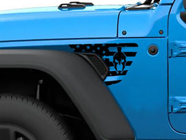 Blue Jeep Wrangler or Gladiator fender vent with black flag decal and Gladiator logo, showcasing custom vinyl accessory for vehicle personalization