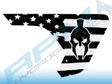 Load image into Gallery viewer, Jeep Wrangler / Gladiator fender vent decal with American flag design and Spartan helmet logo, showcasing patriotic and rugged customization for Jeep vehicles
