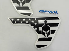 Load image into Gallery viewer, Custom Jeep Wrangler and Gladiator fender vent decals featuring American flag design and Spartan helmet logo, with black and white color scheme. RPM Performance logo visible in blue.