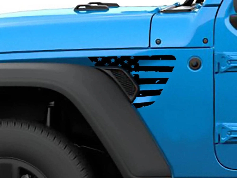 American flag fender vent decal on blue Jeep Wrangler, showcasing custom patriotic design for Gladiator and Wrangler models, precision-cut vinyl accessory enhancing vehicle appearance