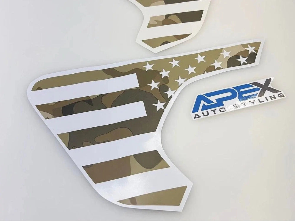 Jeep Wrangler/Gladiator fender vent decal with American flag design featuring camouflage pattern, stars, and stripes, showcasing Apex Auto Styling logo
