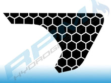 Load image into Gallery viewer, Honeycomb pattern decal for Jeep Wrangler or Gladiator fender vent, shown in black with transparent hexagon cutouts, designed to enhance vehicle appearance with custom look