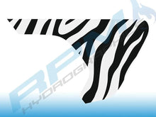 Load image into Gallery viewer, Zebra stripe pattern decal for Jeep Wrangler and Gladiator fender vent, showing black and white contrasting stripes on a light blue background, demonstrating custom vinyl design for vehicle customization