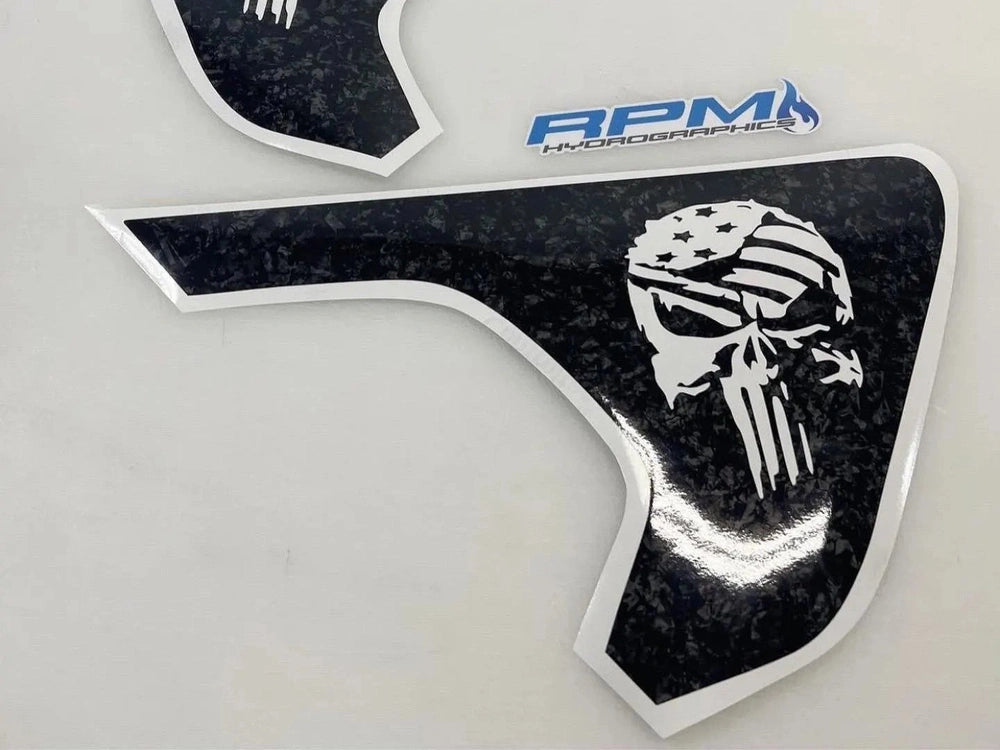 Wrangler Gladiator fender vent decals featuring Punisher skull flag logo in black and white, shaped to fit vehicle contours, with RPM logo visible, showcasing custom design for Jeep modification