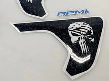 Load image into Gallery viewer, Wrangler Gladiator fender vent decals featuring Punisher skull flag logo in black and white, shaped to fit vehicle contours, with RPM logo visible, showcasing custom design for Jeep modification