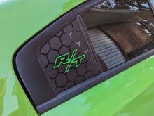 Load image into Gallery viewer, Dodge Charger quarter window with black honeycomb pattern decal featuring bright green R/T logo, showcasing custom styling on vibrant green vehicle exterior