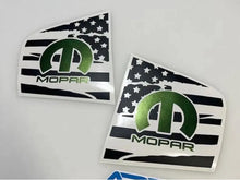 Load image into Gallery viewer, Charger quarter window decals featuring distressed American flag design with green MOPAR logo, perfect for customizing 2011-2023 Dodge Charger models