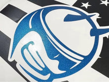 Load image into Gallery viewer, Closeup of blue Demon Bee logo decal for Dodge Charger quarter window, featuring stylized bee design with metallic sheen against black and white striped background with stars