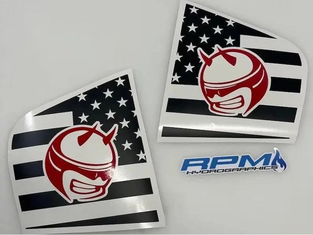 Dodge Charger quarter window decals featuring Demon Bee logo on American flag background, available for 2011-2023 models, showcasing custom vinyl design by RPM Autographics