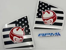 Load image into Gallery viewer, Dodge Charger quarter window decals featuring Demon Bee logo on American flag background, available for 2011-2023 models, showcasing custom vinyl design by RPM Autographics