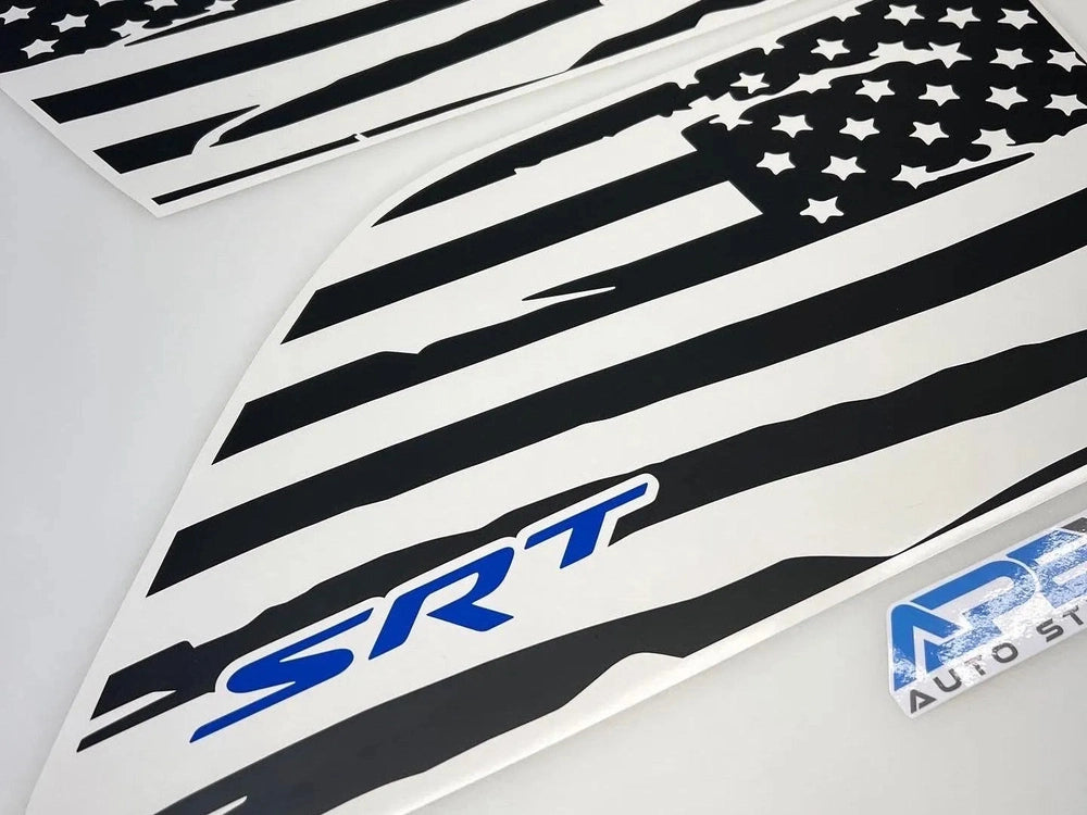 Black and white American flag quarter window decals for Jeep Grand Cherokee with blue SRT logo, showcasing custom design for 2011-2021 models