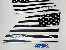 Load image into Gallery viewer, Custom quarter window decals for Jeep Grand Cherokee featuring distressed American flag design with SRT logo in blue. Black and white vinyl stickers for driver and passenger sides, showcasing patriotic style and performance branding.