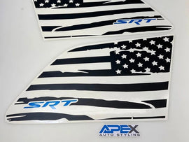 Custom quarter window decals for Jeep Grand Cherokee featuring distressed American flag design with SRT logo in blue. Black and white vinyl stickers for driver and passenger sides, showcasing patriotic style and performance branding.