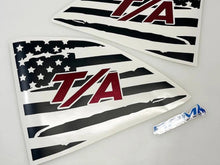 Load image into Gallery viewer, Challenger quarter window decals featuring American flag design with T/A logo in red, black, and white. Two triangular decals shown with installation tool.