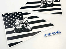 Load image into Gallery viewer, Black and white American flag-themed quarter window decals for Dodge Challenger, featuring Scat Pack bee logo design. Custom vinyl stickers for car customization, shown with RPM logo.