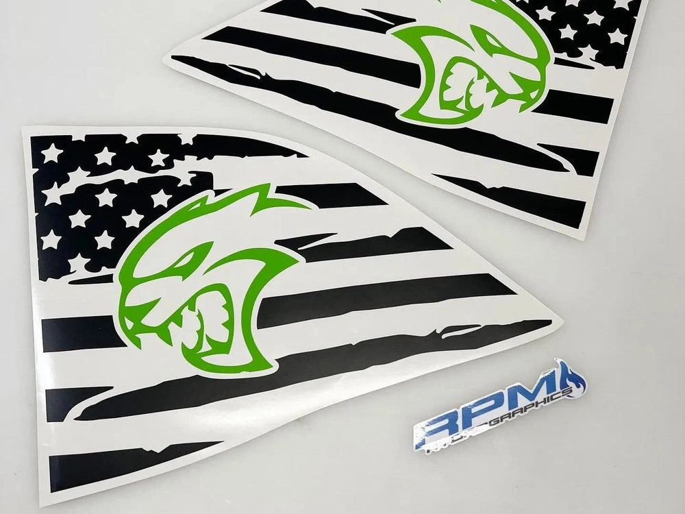 Dodge Challenger quarter window decals featuring American flag design with green Hellcat logo, showcasing patriotic and performance-inspired custom vinyl graphics for vehicle customization