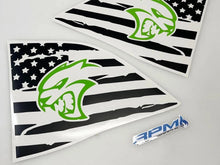 Load image into Gallery viewer, Dodge Challenger quarter window decals featuring American flag design with green Hellcat logo, showcasing patriotic and performance-inspired custom vinyl graphics for vehicle customization