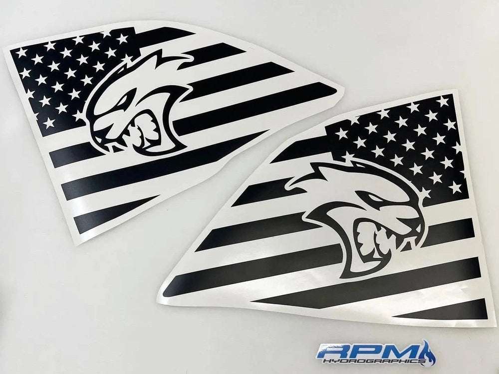 Dodge Challenger Hellcat quarter window decals featuring American flag design with integrated cat logo, black and white color scheme, custom fit for both sides of the vehicle