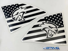 Load image into Gallery viewer, Dodge Challenger Hellcat quarter window decals featuring American flag design with integrated cat logo, black and white color scheme, custom fit for both sides of the vehicle