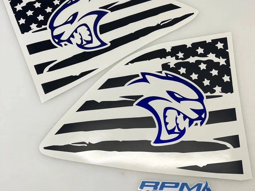 Challenger quarter window decals featuring American flag design with blue Hellcat logo, showcasing patriotic style for Dodge vehicle customization