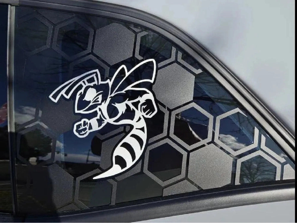 Challenger quarter window decal featuring angry hornet logo on hexagonal background, showcasing custom vinyl design for 2008+ Dodge Challenger models