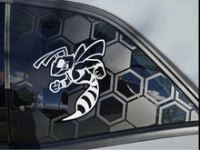 Load image into Gallery viewer, Challenger quarter window decal featuring angry hornet logo on hexagonal background, showcasing custom vinyl design for 2008+ Dodge Challenger models