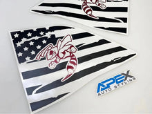 Load image into Gallery viewer, Dodge Challenger quarter window decals featuring American flag design with angry hornet logo in red and white, customizable for both sides, by APEX Auto Styling