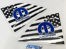 Load image into Gallery viewer, Challenger quarter window decals featuring distressed American flag design with blue MOPAR logo, perfect for customizing Dodge Challenger&#39;s exterior appearance
