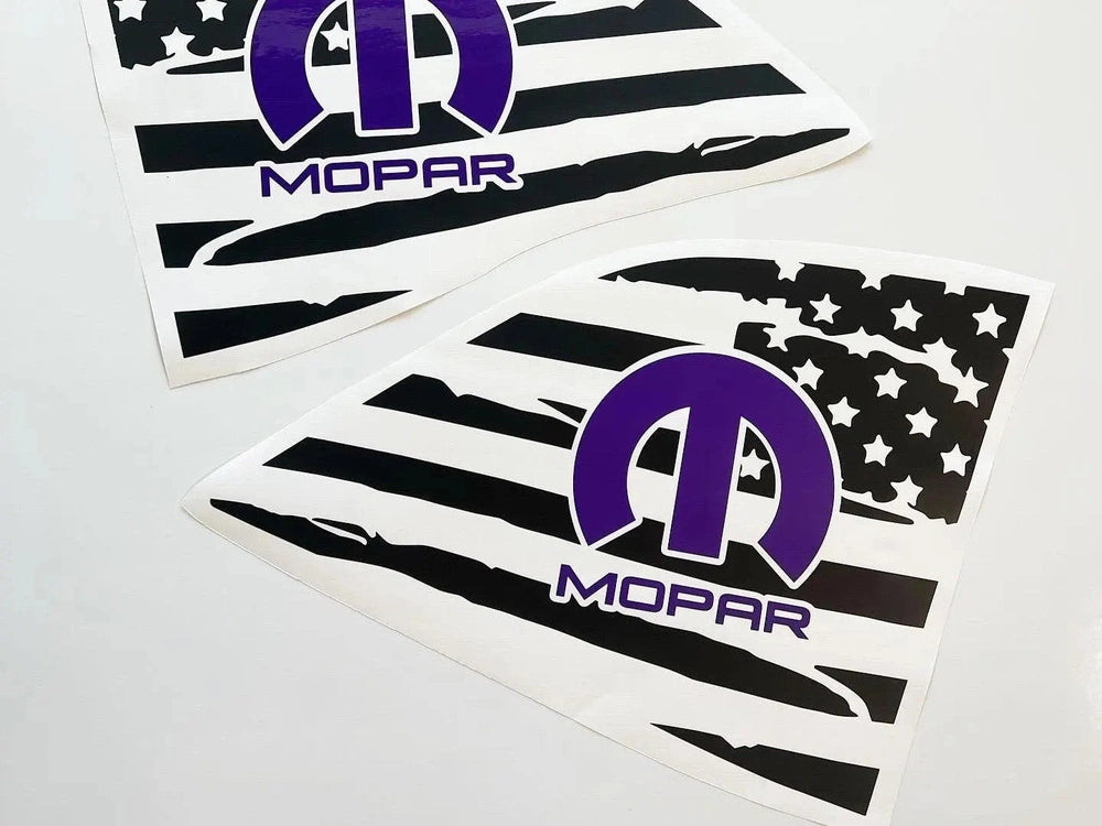 Challenger quarter window decals featuring distressed American flag design with purple MOPAR logo, showcasing patriotic style and brand loyalty for Dodge Challenger customization
