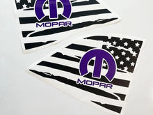 Load image into Gallery viewer, Challenger quarter window decals featuring distressed American flag design with purple MOPAR logo, showcasing patriotic style and brand loyalty for Dodge Challenger customization