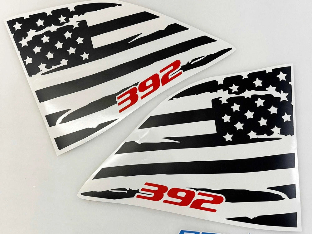 Dodge Challenger quarter window decals featuring distressed American flag design with 392 logo in red, perfect for customizing your vehicle's appearance
