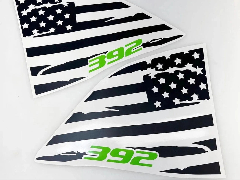 Dodge Challenger quarter window decals featuring distressed American flag design with green 392 logo, custom vinyl stickers for patriotic muscle car customization