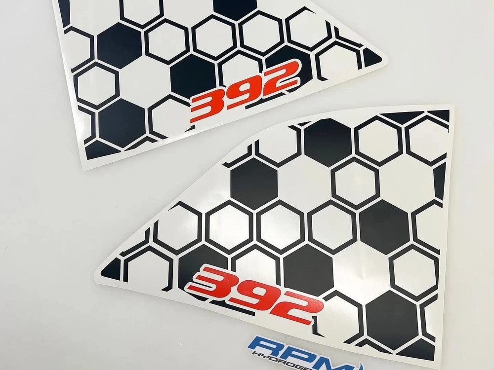 Challenger quarter window decals with 392 logo in red on hexagonal pattern background, showcasing customizable vinyl design for car modification