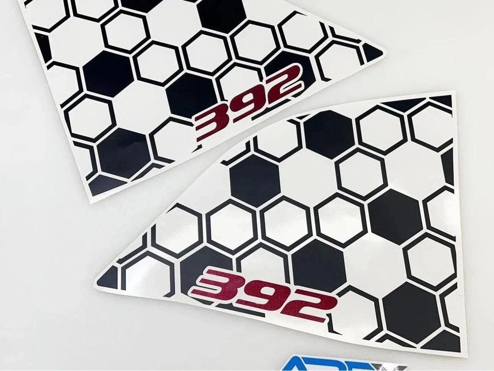 Challenger quarter window decals featuring black and white honeycomb pattern with red 392 logo, custom fit for 2008+ models, shown as triangular shapes on white background