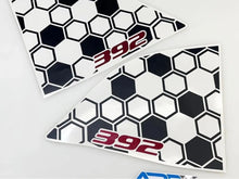 Load image into Gallery viewer, Challenger quarter window decals featuring black and white honeycomb pattern with red 392 logo, custom fit for 2008+ models, shown as triangular shapes on white background