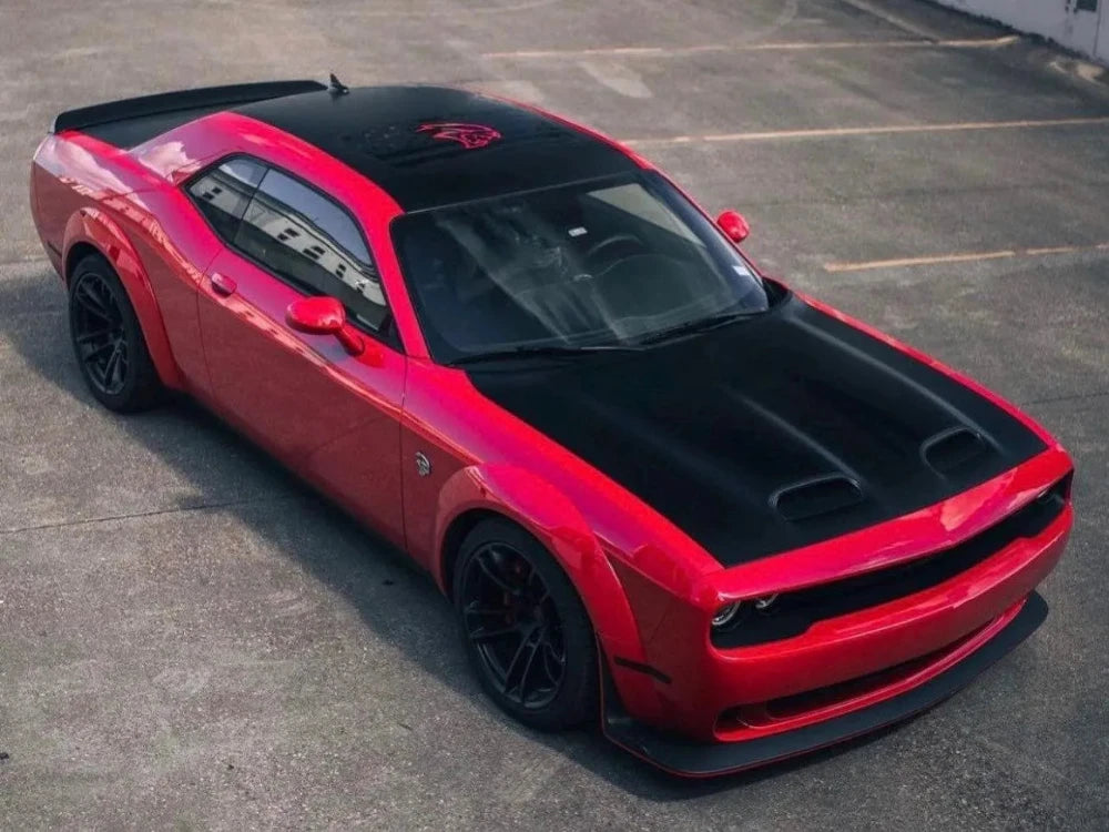 Dodge challenger sunroof decal -on a Torred Challenger Widebody. Decal is matte black with a reflective red srt hellcat logo. Apex Auto Styling 