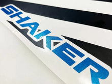 Load image into Gallery viewer, Dodge Challenger quarter window decal with blue gradient &#39;SHAKER&#39; logo on white background, showcasing custom vinyl graphic design for vehicle customization