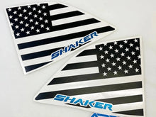 Load image into Gallery viewer, Challenger quarter window decals featuring black and white American flag design with blue Shaker logo, displayed as a pair for left and right windows