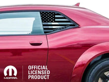 Load image into Gallery viewer, Red Dodge Challenger with American flag quarter window decal and Shaker logo, showcasing Mopar official licensed product badge