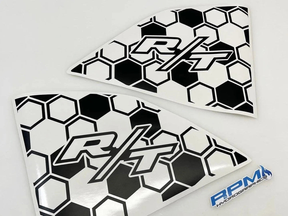 Dodge Challenger quarter window decals with R/T logo and honeycomb pattern, custom vinyl design for 2008+ models, black and white color scheme, pre-cut for easy installation