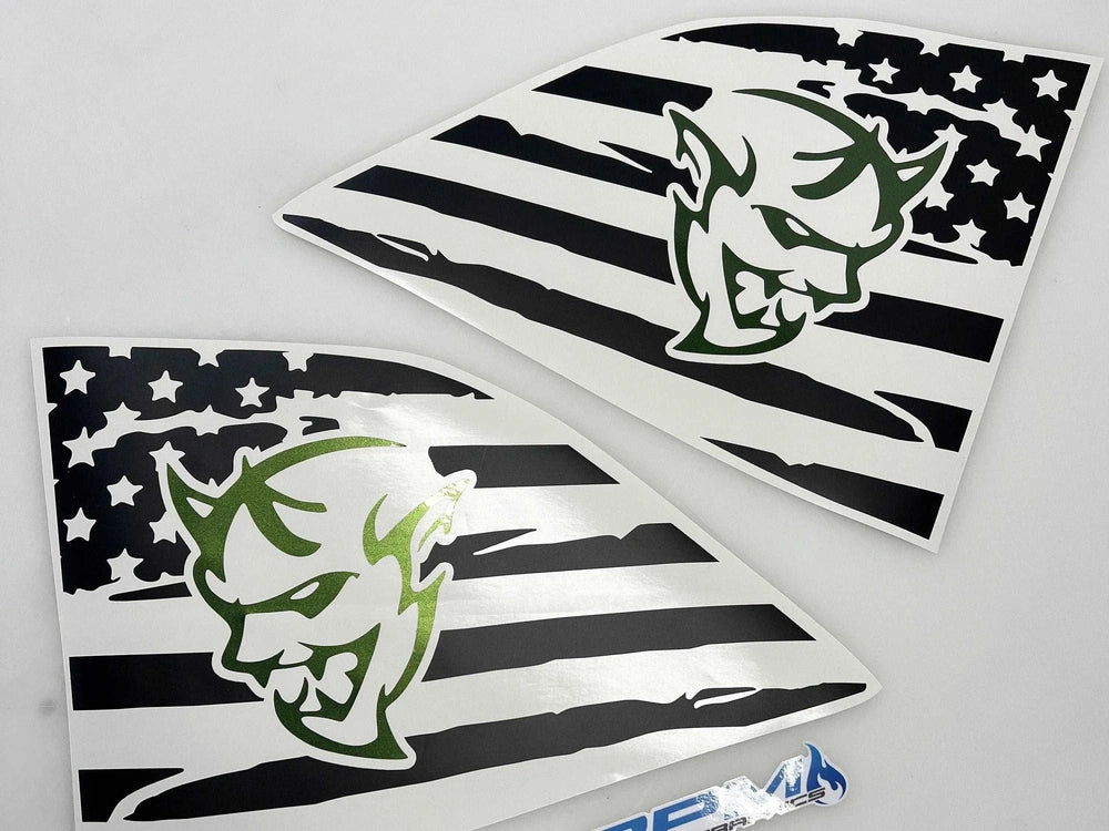 Custom Dodge Challenger quarter window decals featuring distressed American flag design with green Demon logo, showcasing patriotic style and automotive personalization for both driver and passenger sides