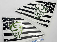 Load image into Gallery viewer, Custom Dodge Challenger quarter window decals featuring distressed American flag design with green Demon logo, showcasing patriotic style and automotive personalization for both driver and passenger sides