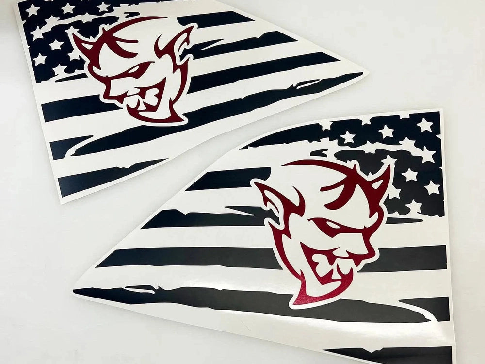 Dodge Challenger quarter window decals featuring American flag design with red Demon logo overlay, showcasing patriotic custom look for vehicle customization