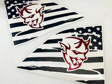Load image into Gallery viewer, Dodge Challenger quarter window decals featuring American flag design with red Demon logo overlay, showcasing patriotic custom look for vehicle customization