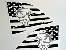 Load image into Gallery viewer, Challenger quarter window decals featuring Demon logo design with American flag background, displayed as two matching triangular stickers in black and white, showcasing custom vinyl graphics for Dodge Challenger.