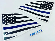 Load image into Gallery viewer, Thin blue line American flag quarter window decals for Dodge Challenger, showing distressed design with black and white stripes and blue line. Two identical triangular stickers displayed side by side on white background with RPM logo.