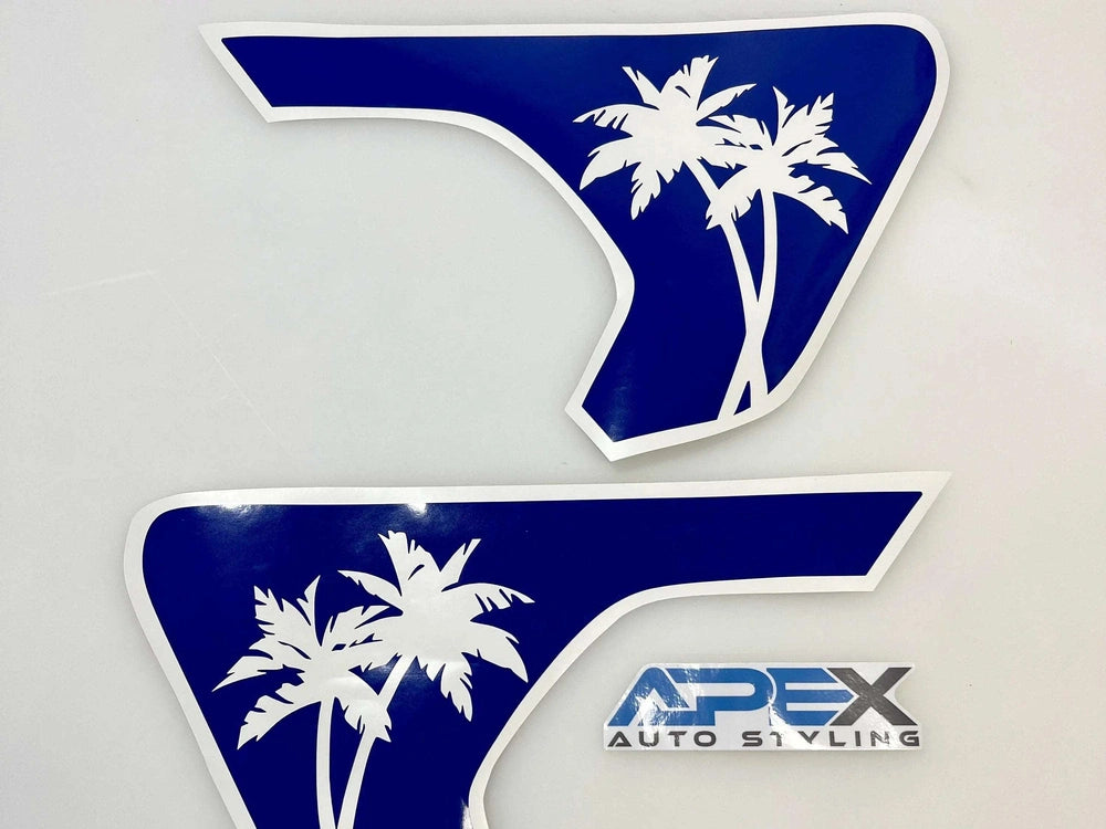 Blue and white fender vent decals for Jeep Wrangler or Gladiator featuring palm tree design, custom fit for vehicle enhancement