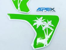Load image into Gallery viewer, Bright green Jeep Wrangler fender vent decal with white palm tree design, showcasing Apex Auto Styling logo for custom Gladiator and Wrangler accessories